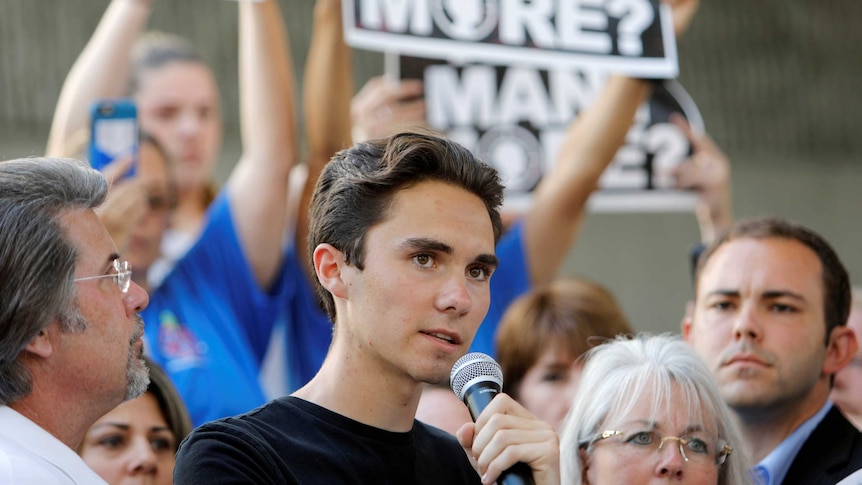 David Hogg delivers an impassioned speech at a rally in Florida