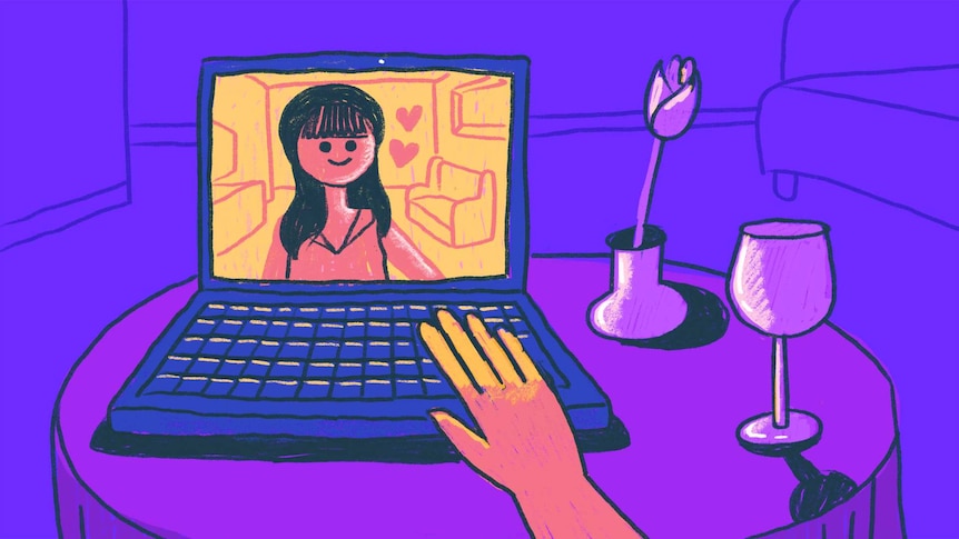 Illustration of person talking online with flowers and wine on the table for a story about virtual dating after coronavirus.