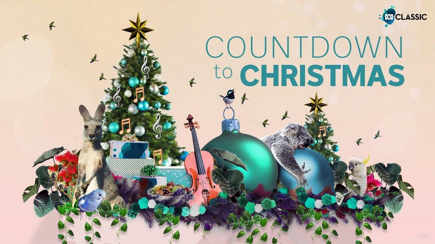 An image compiled of Australian animals, Christmas Trees and ornaments and presents with the text "Countdown to Christmas"