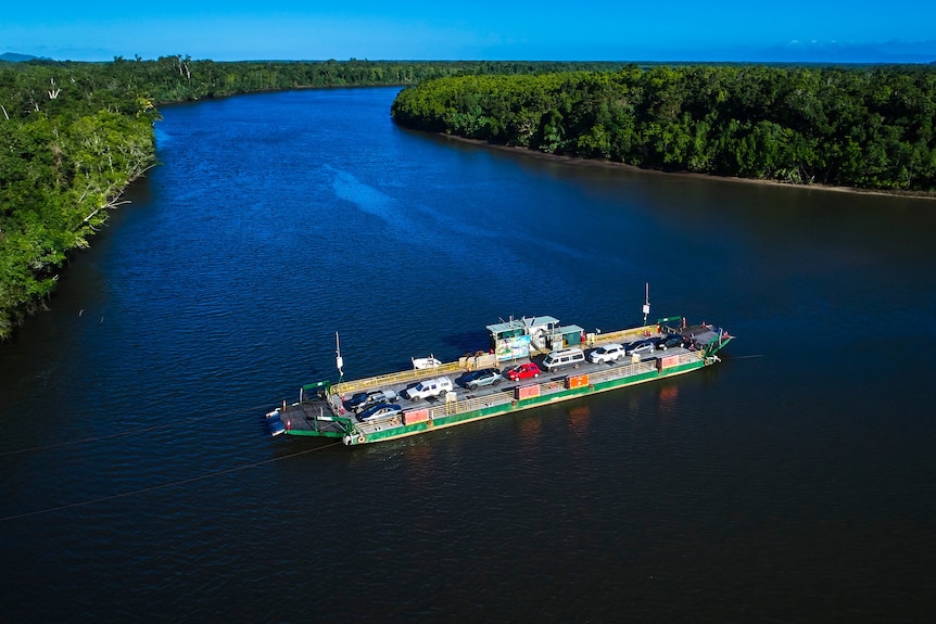 A ferry carries cars down the Daintree River, where the river banks are bursting with lush green rainforest.