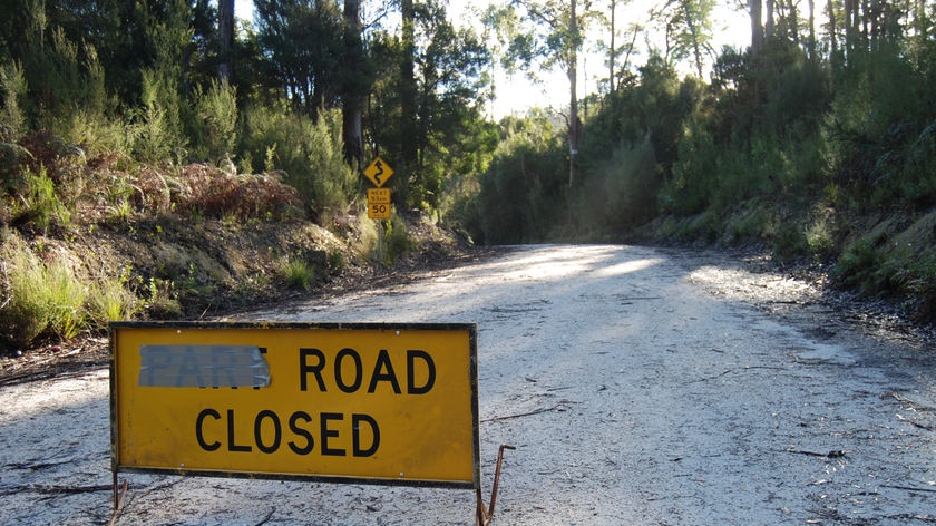 Tarkine Road to Nowhere, Tasmania with closed sign