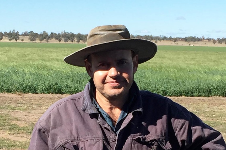 Farmer Russel Bennie stands in a crop field with a hat on.