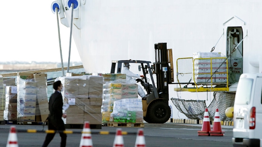 You view a forklift loading a crate of supplies to the side of a white ship with a supply door open.