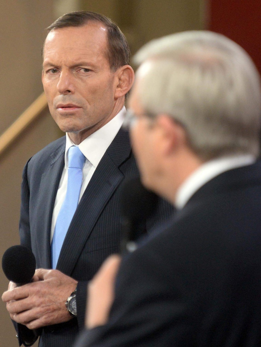 Kevin Rudd and Tony Abbott debate during the second people's forum.