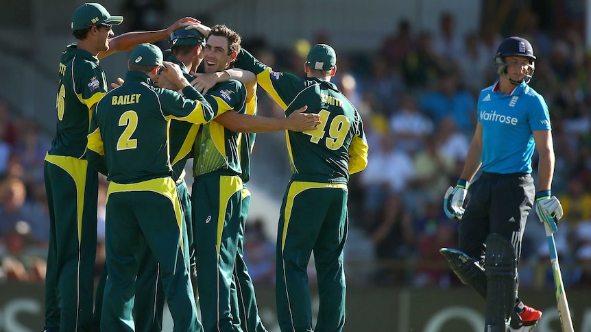 Australia celebrates a wicket against England