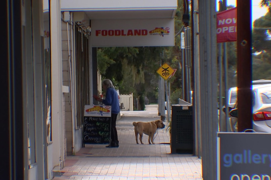 A supermarket on a street with a dog tied up outside