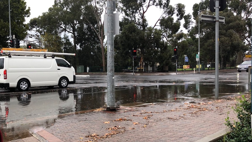 Rainwater across a road at traffic lights.