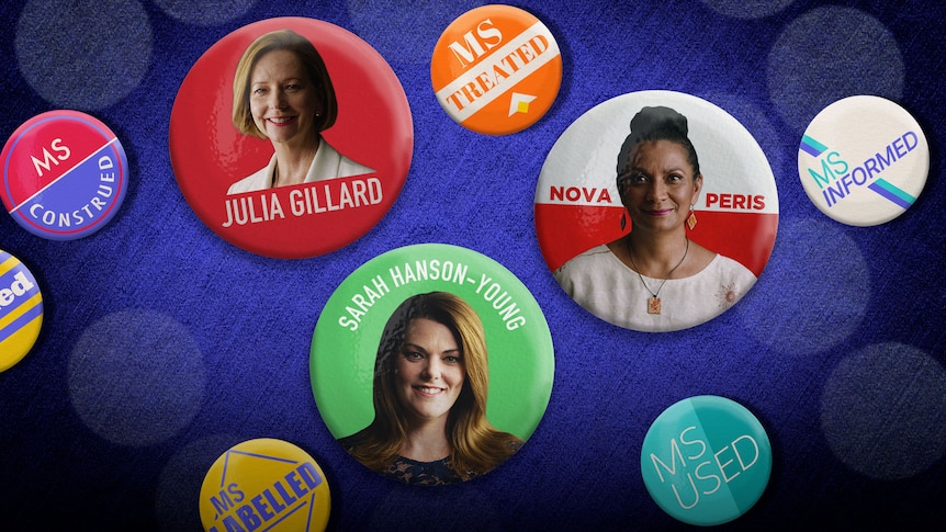 Political buttons showing Julia Gillard, Nova Peris and Sarah Hanson-Young