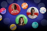 Political buttons showing Julia Gillard, Nova Peris and Sarah Hanson-Young