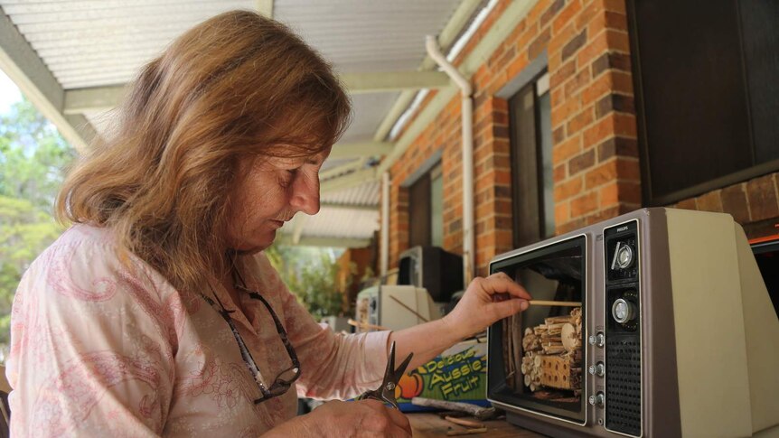 Louise Cosgrove making a 'hotel' for bees out of recycled analog TVs