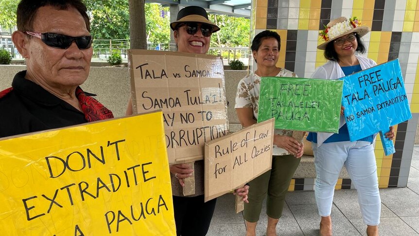 A group of Samoans protest outside the Brisbane Magistrates Court against the move to extradite Talalelei Pauga to Samoa.