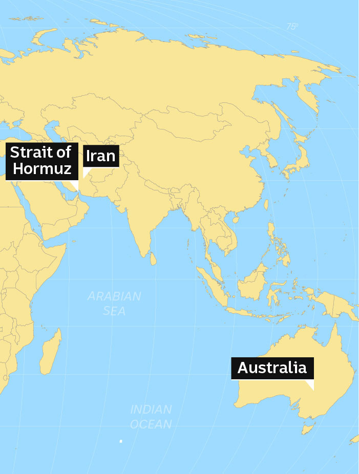 Map showing Strait of Hormuz, Iran and Australia.