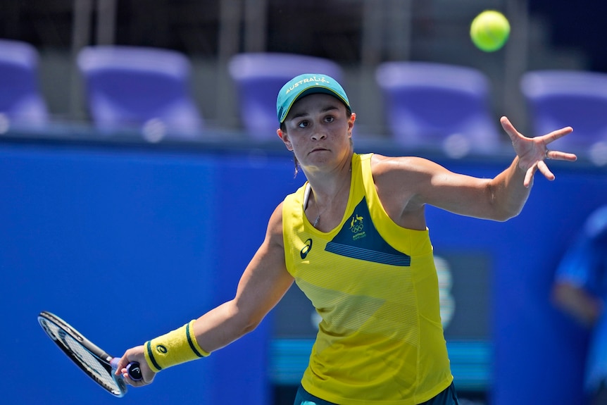 Ash Barty plays against Sara Sorribes Tormo, of Spain at the Tokyo Olympics.