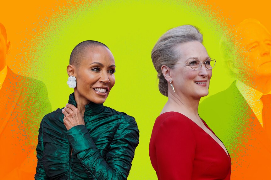 Composite image of Jada Pinkett Smith and Meryl Streep with their ex husbands (Will Smith and Don Gummer) in shadows.