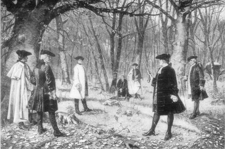 A black and white illustration of Aaron Burr's duel with Alexander Hamilton