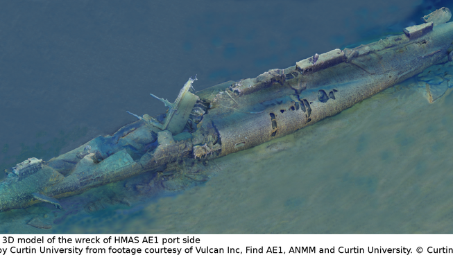An image of the 3-D computer model of the submarine wreck HMAS AE1, sunk during World War I.