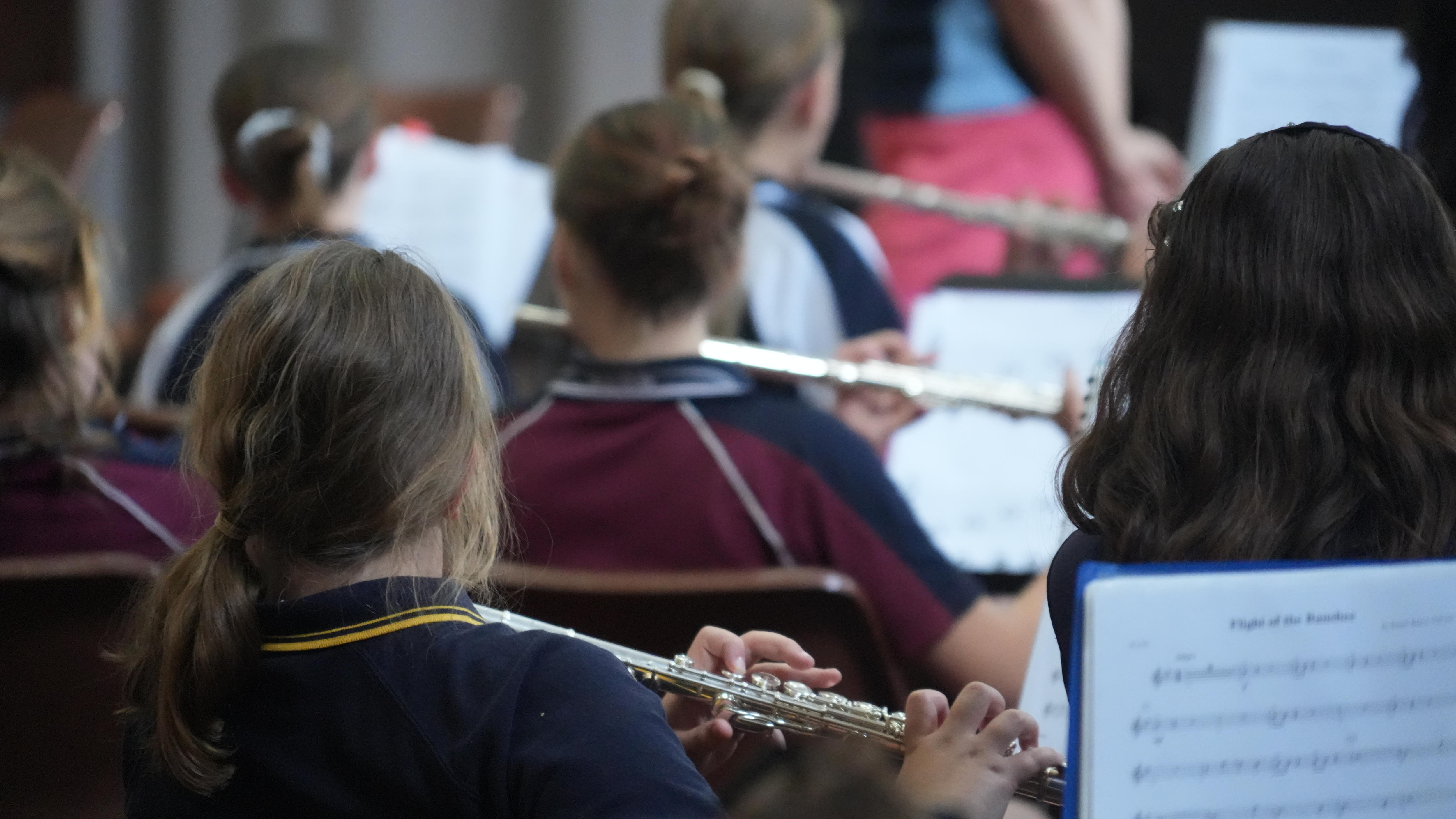 A line of young girls' heads, taken from behind, with the girls playing flutes.