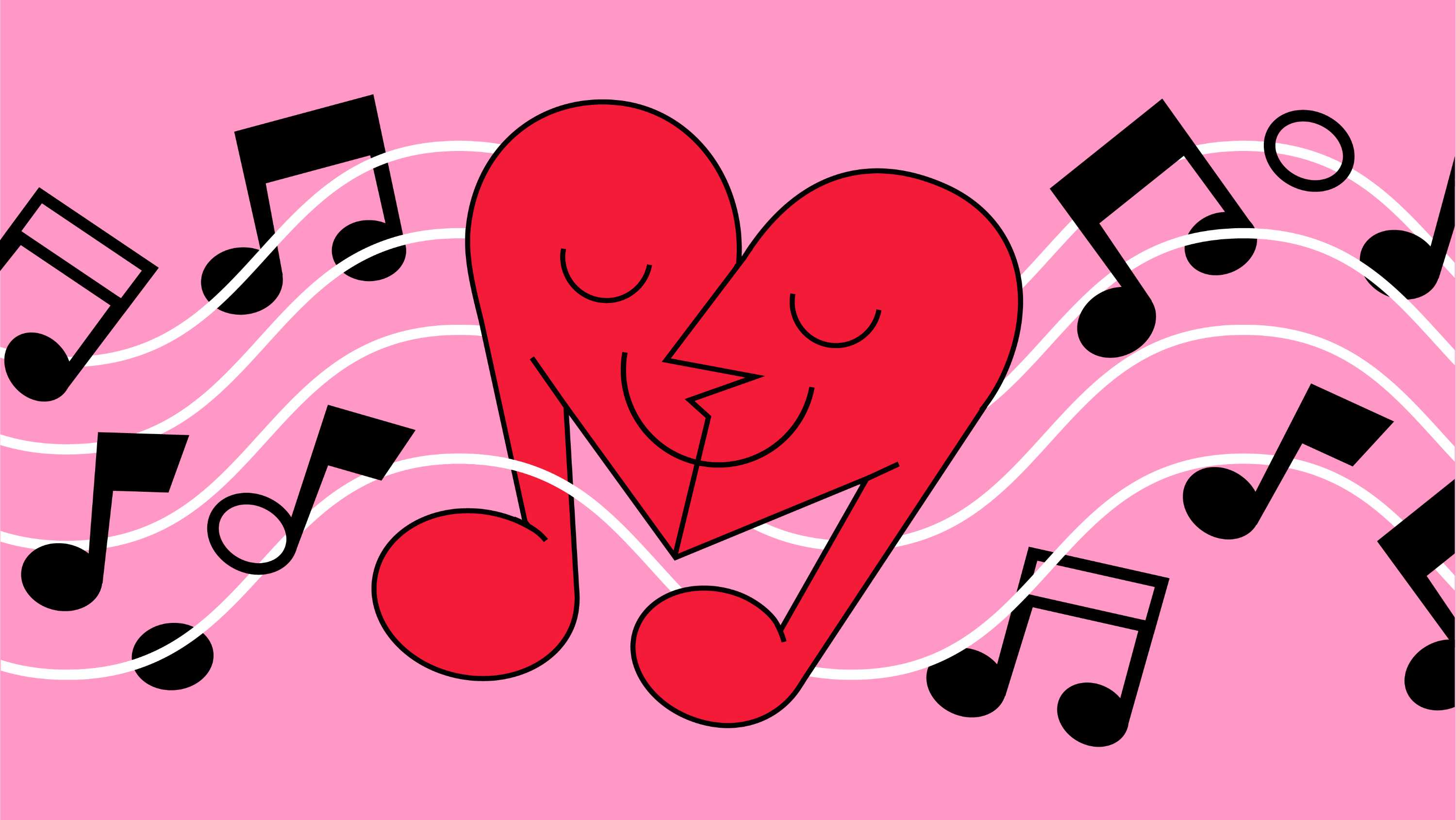 Illustration shows musical note in the shape of a broken heart to depict how to use music to heal after a break-up.