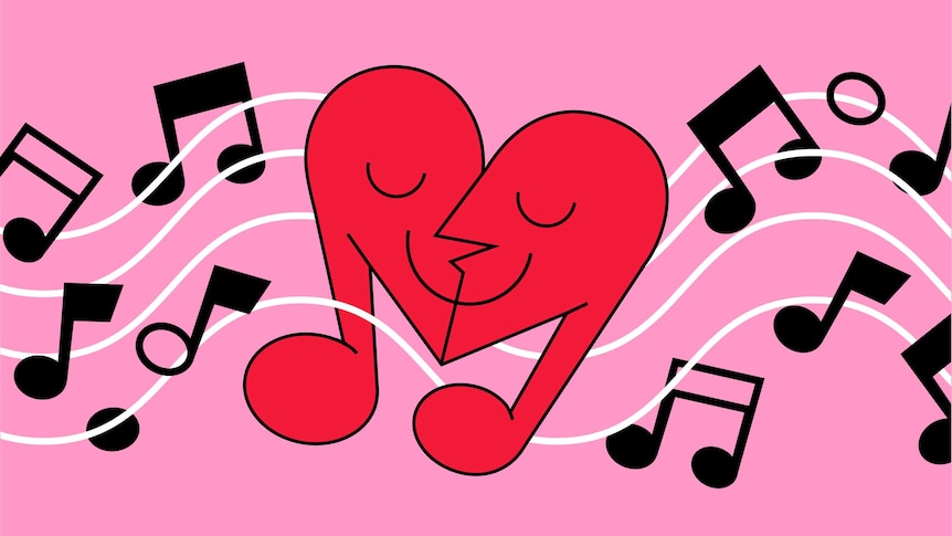 Illustration shows musical note in the shape of a broken heart to depict how to use music to heal after a break-up.