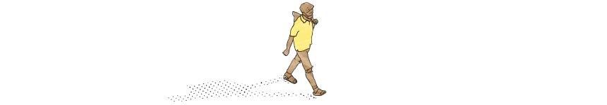 A sketch of a man walking in a facemask and yellow top