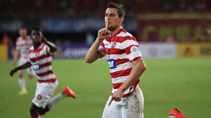 Tomi Juric celebrates his goal for the Wanderers