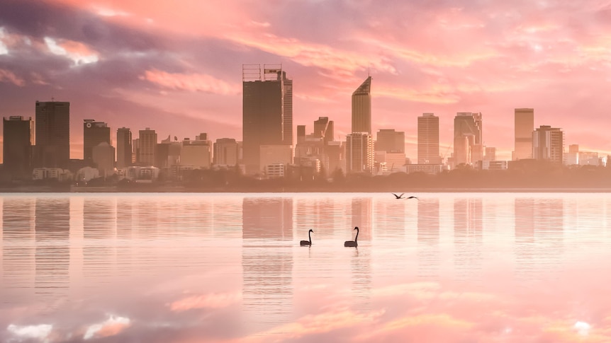 A pink sunrise looking over the Swan River in Perth