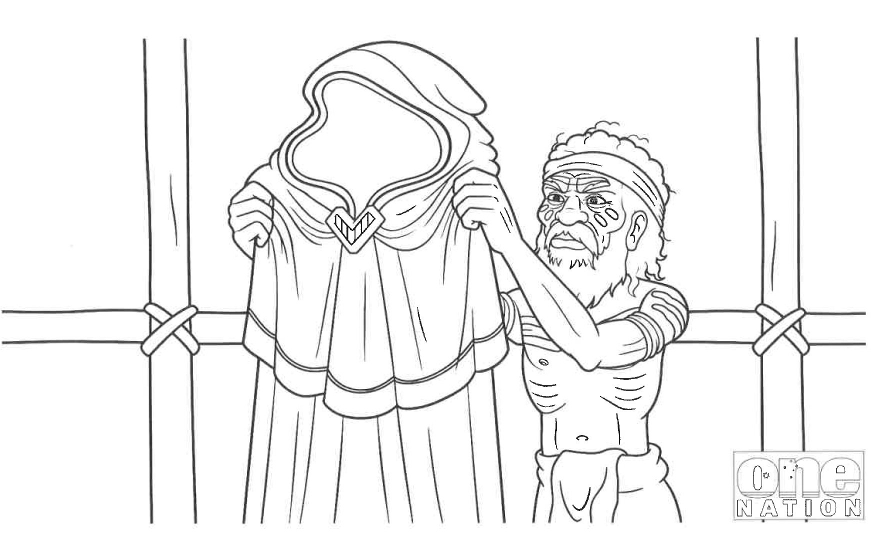 a caricature of an indigenous man holding up a cloak