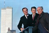 President Ronald Reagan, Vice President George Bush and Soviet General Secretary Mikhail Gorbachev on a rooftop in 1988.