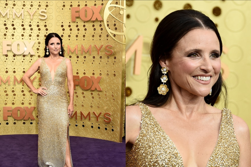 Julia Louis-Dreyfus wears a gold dress in a composite image with a full length shot on the left and close up right.