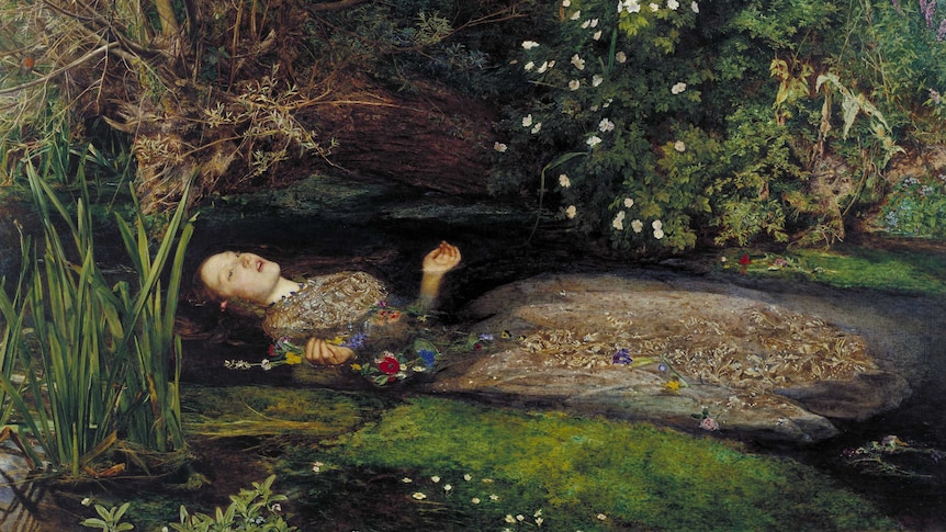 A painting of Ophelia from Hamlet lying in a stream.