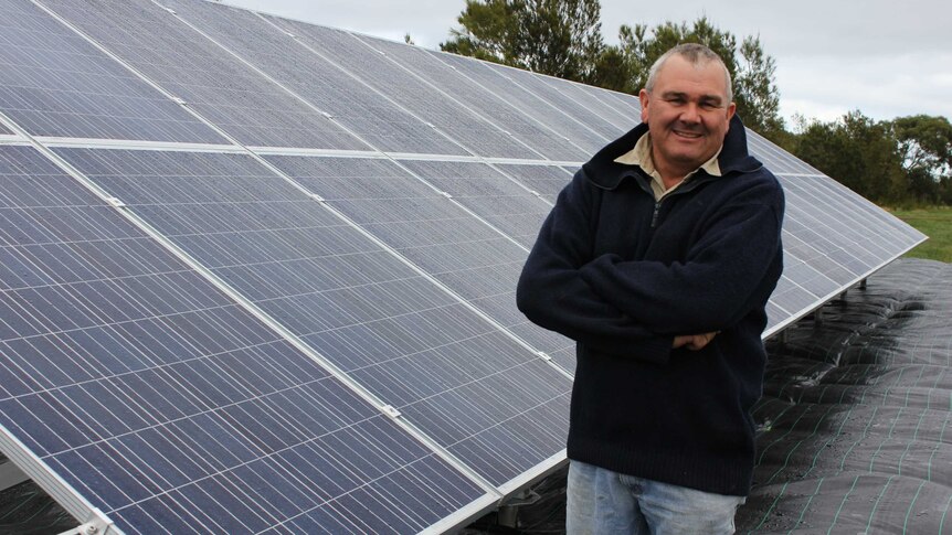 Happy man stands with arms crossed in front of solar panels on a rural property