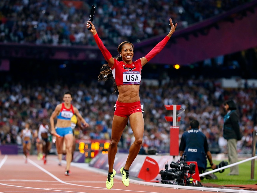 Sanya Richards-Ross celebrates after anchoring the US gold-winning relay.