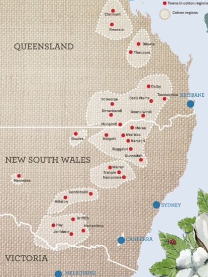 A map showing where cotton is grown in eastern Australia