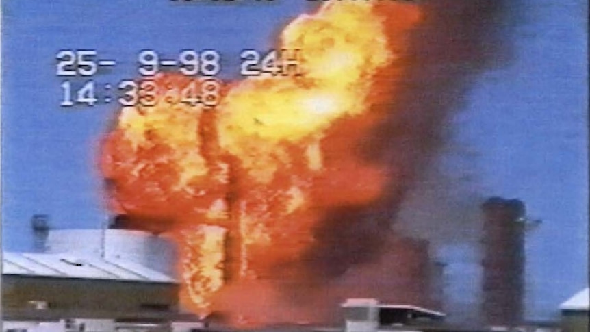 A video still of an explosion at the Longford gas plant