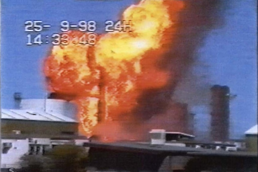 A video still of an explosion at the Longford gas plant