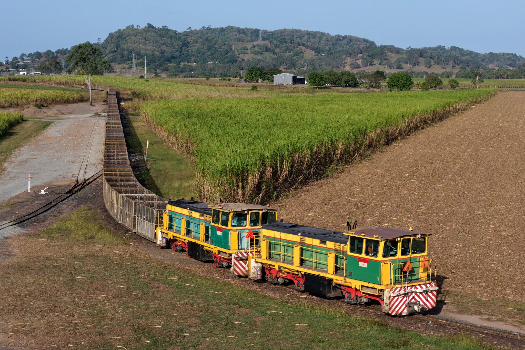 A cane train driving through the countryside