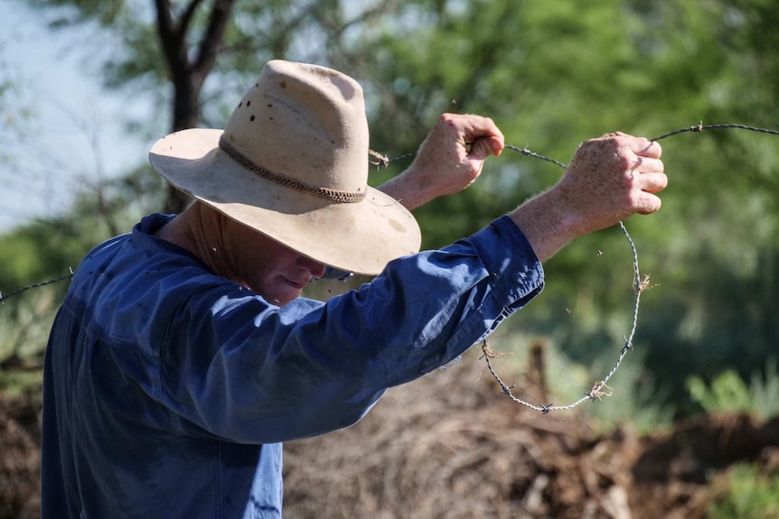 A man wearing an Akubra holds fencing wire in the air, with flies around him.
