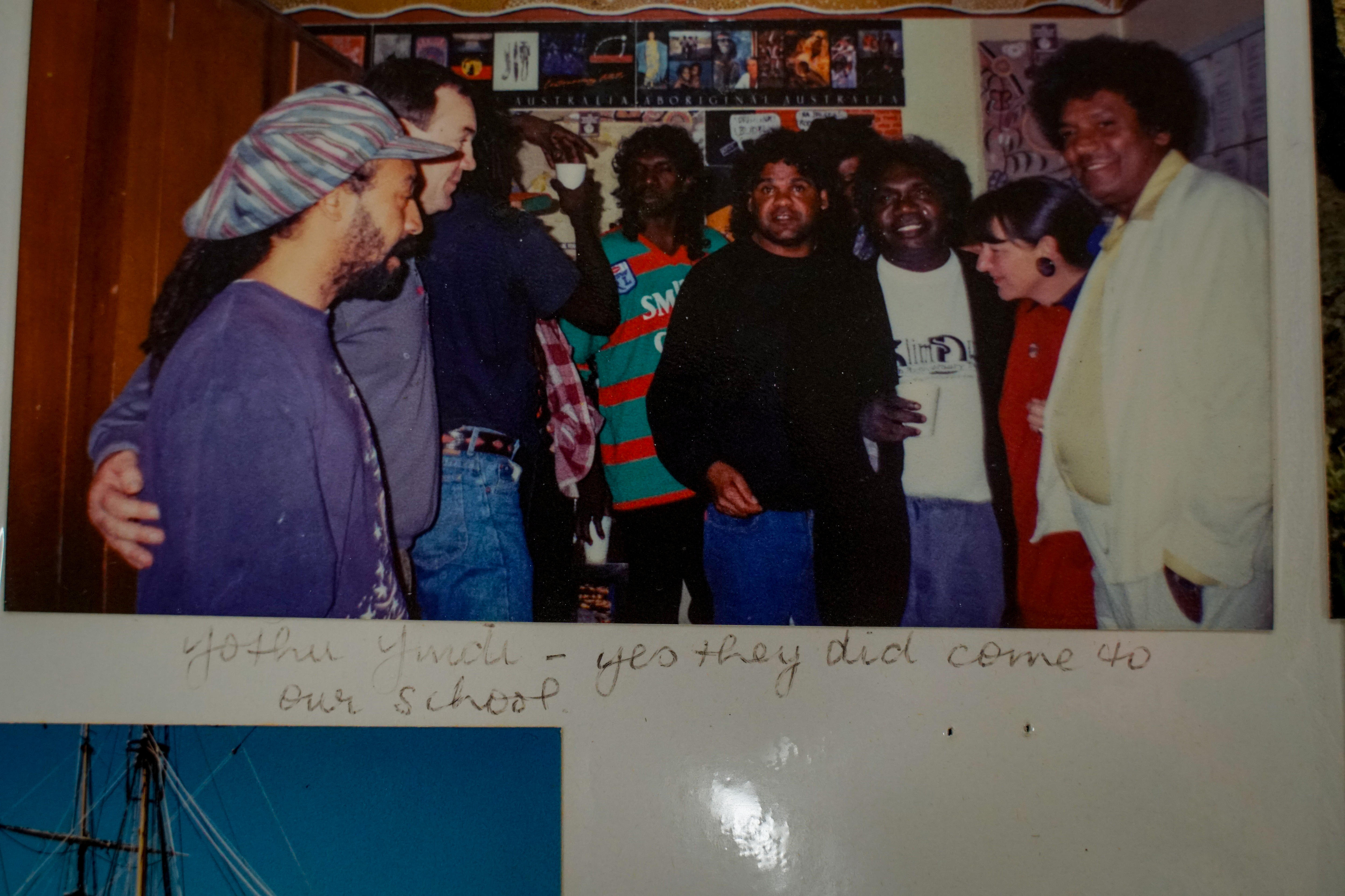 An old photo of Yothu Yindi in a Gosford classroom.