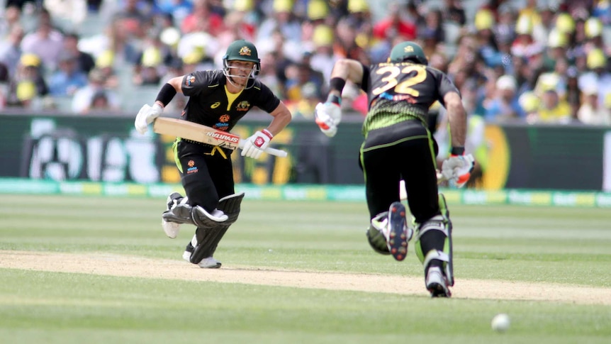 David Warner and Glenn Maxwell run between the wickets during a Twenty20 against Sri Lanka.