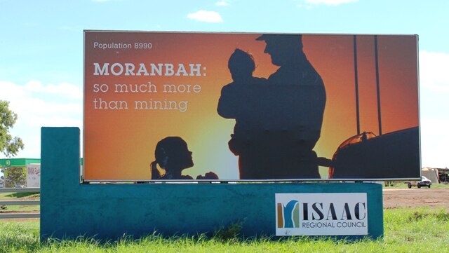 A sign welcoming visitors to the mining town of Moranbah in Qld's Bowen Basin.