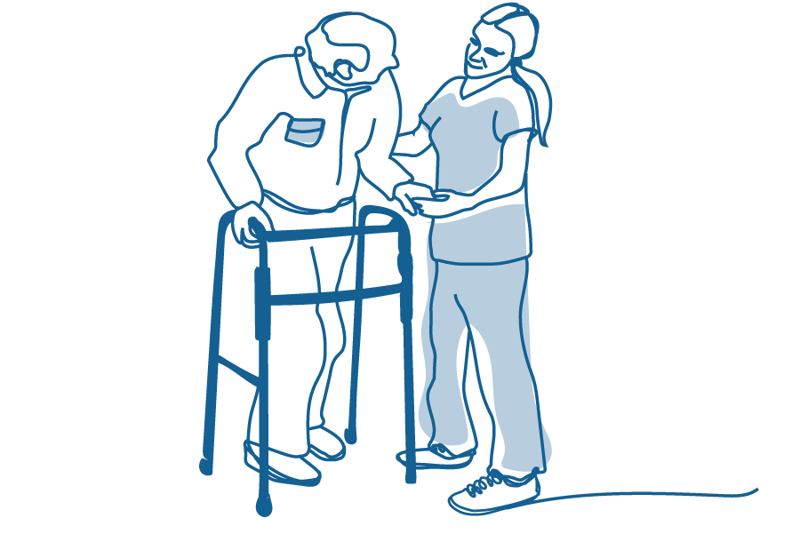 An illustration of an older person using a walking frame and a young person helping them.
