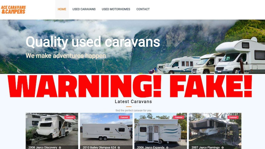 A screenshot of a caravan website with 'WARNING! FAKE!' written across it in red writing.