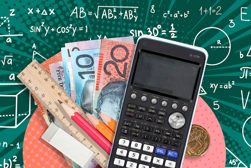 Graphic showing calculator, $20 and $10 notes, pencils and a ruler on green background covered with maths formulas.