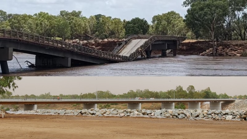 A composite image of a bridge collapsed into floodwaters and a new bridge with a dry background.