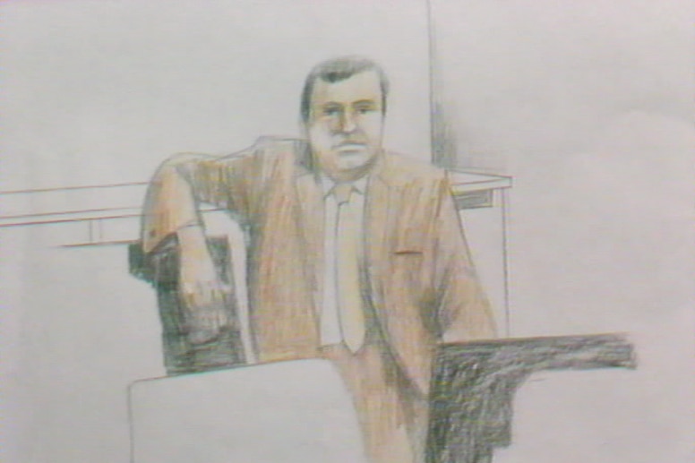 A colour pencil sketch of a man sitting in a courtroom wearing an orange suit with a yellow tie.