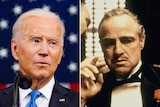 Side by side photos of Joe Biden and a mustachioed man in a tuxedo in a scene from The Godfather
