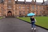 A student walks toward the quadrangle at the University of Sydney