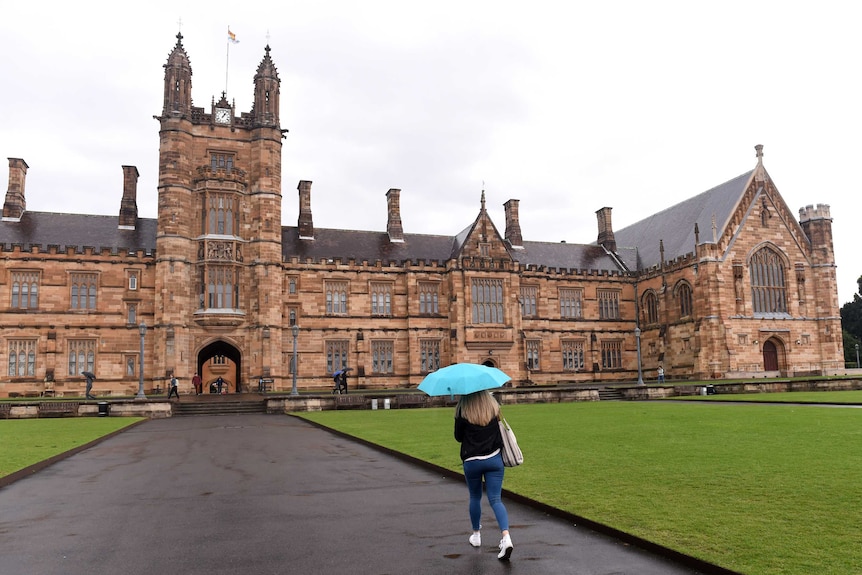 A student walks toward the quadrangle at the University of Sydney