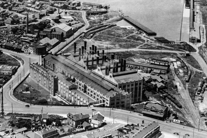Arial city view of a historic power station