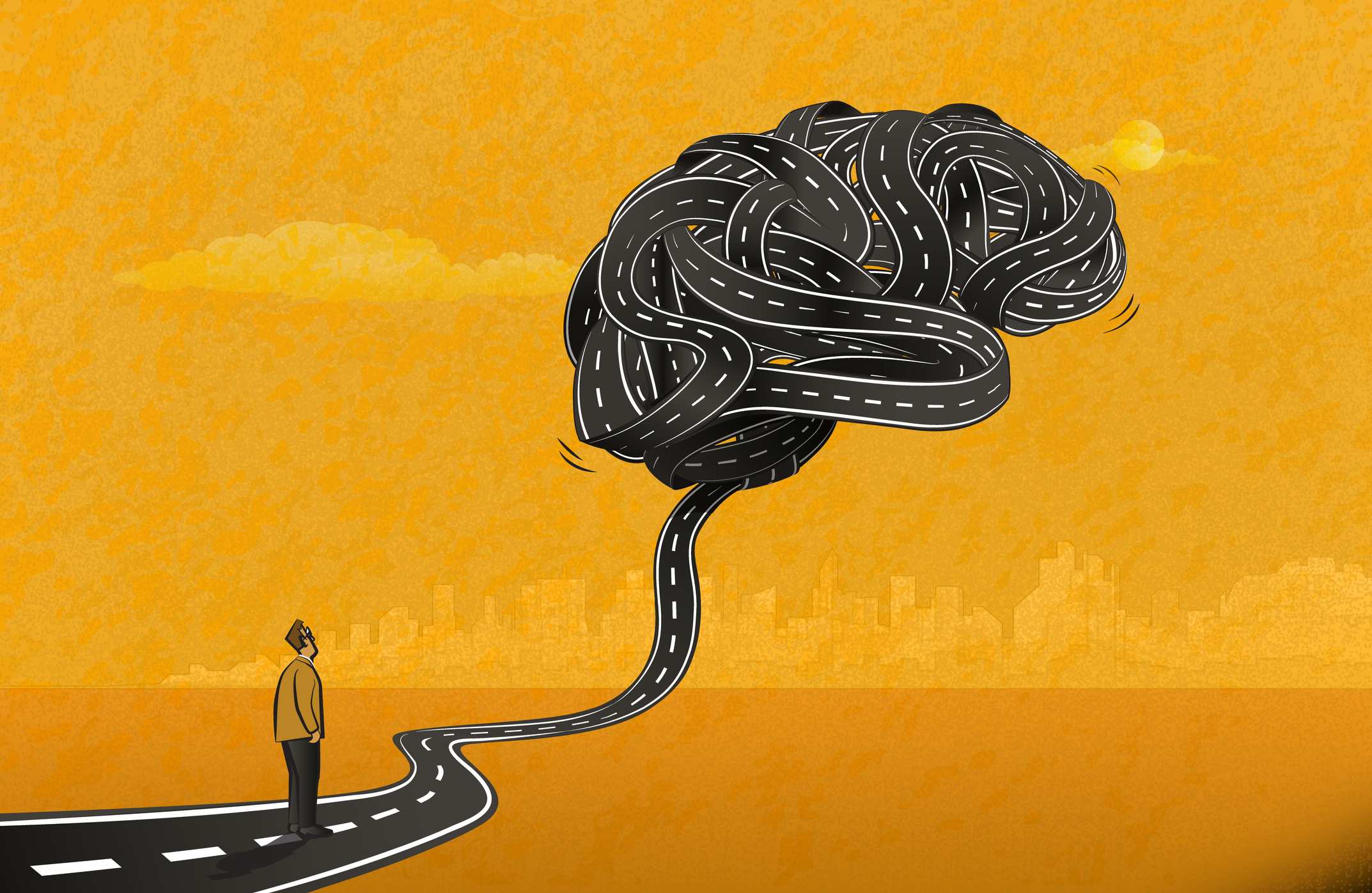 Illustration of a man looking at the road ahead of him, which is lifting from the ground and tangling into the shape of a brain